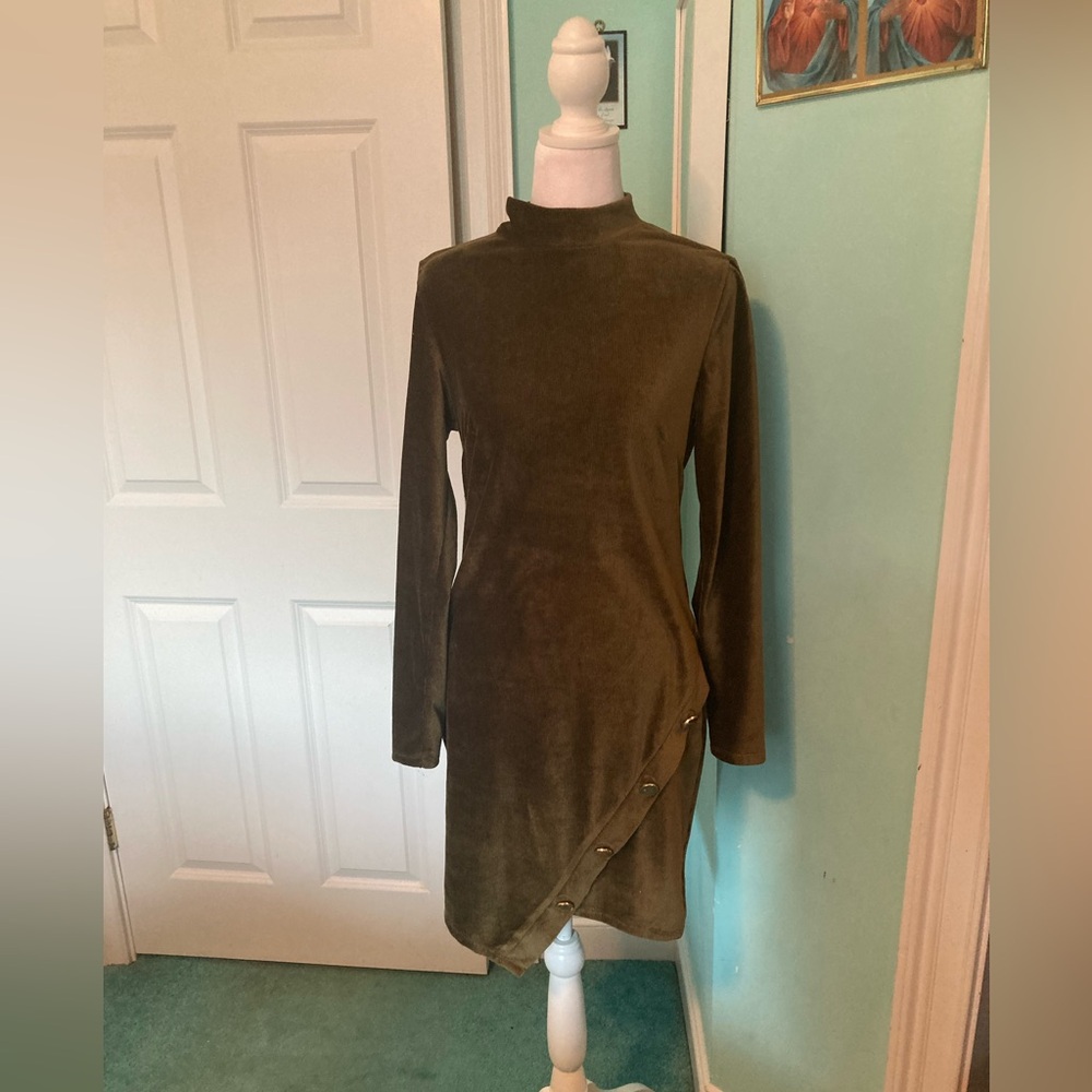 Almost Famous Olive Green Corduroy/Velvet Long-Sleeve Wrap Dress
